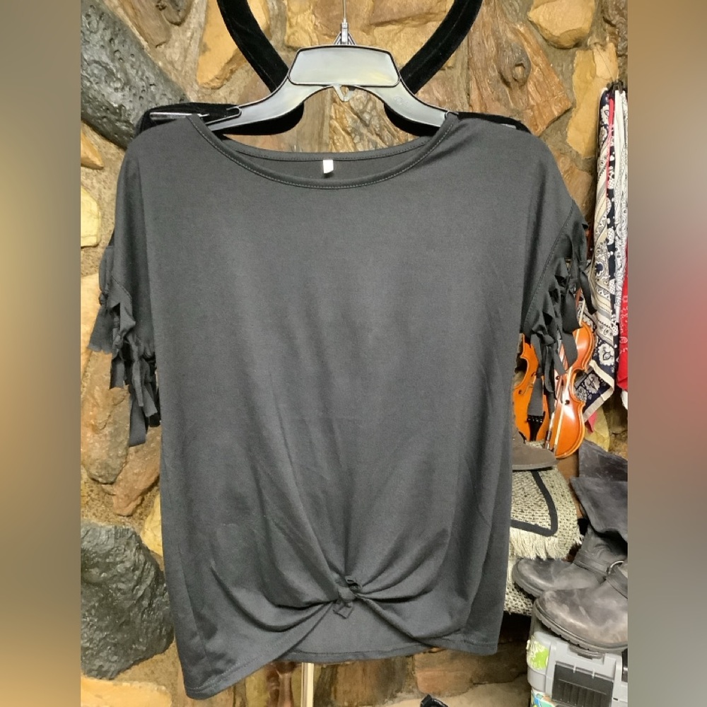 Black fringe sleeve T- shirt